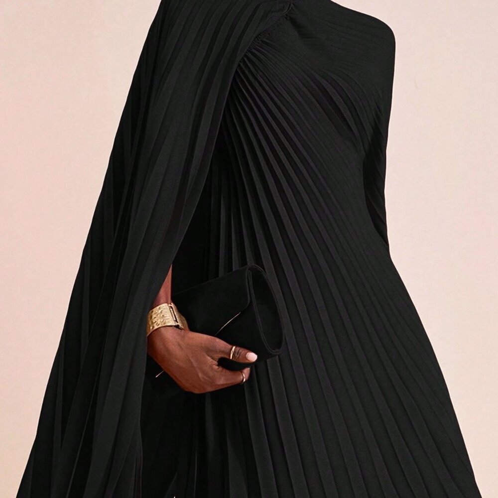 Black Elegant Women's Pleated Cape-Style Short Dress